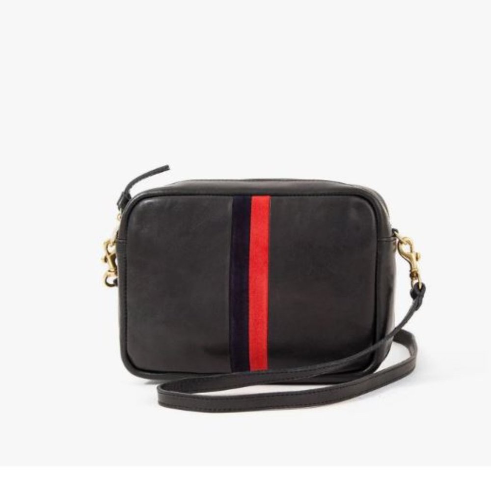 Clare V. Midi Sac Leather Crossbody Bag in Black with Stripes